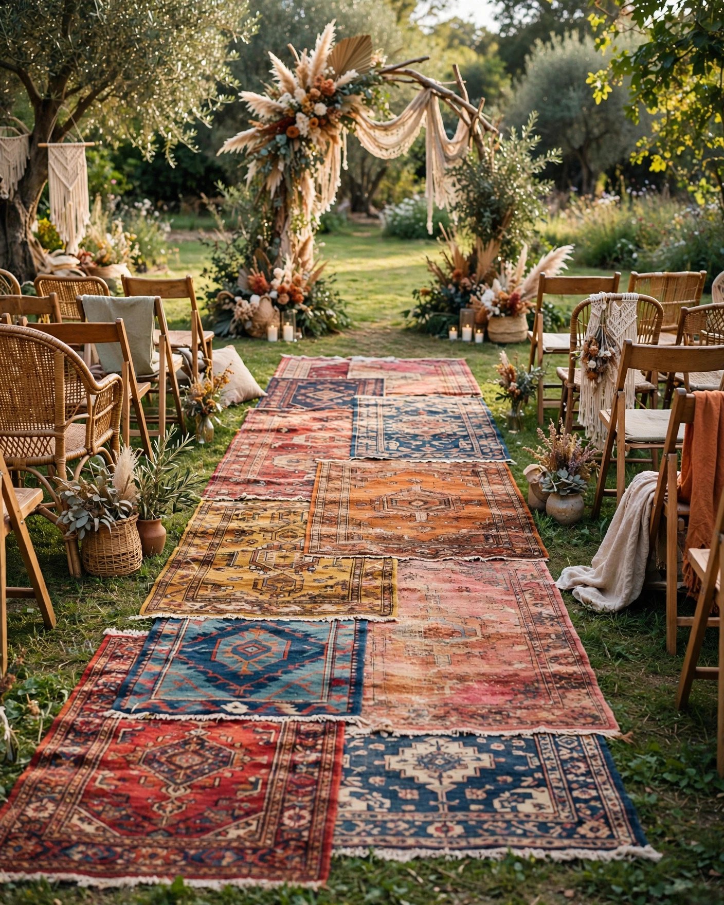 Vintage rug runner as a wedding aisle in an outdoor ceremony