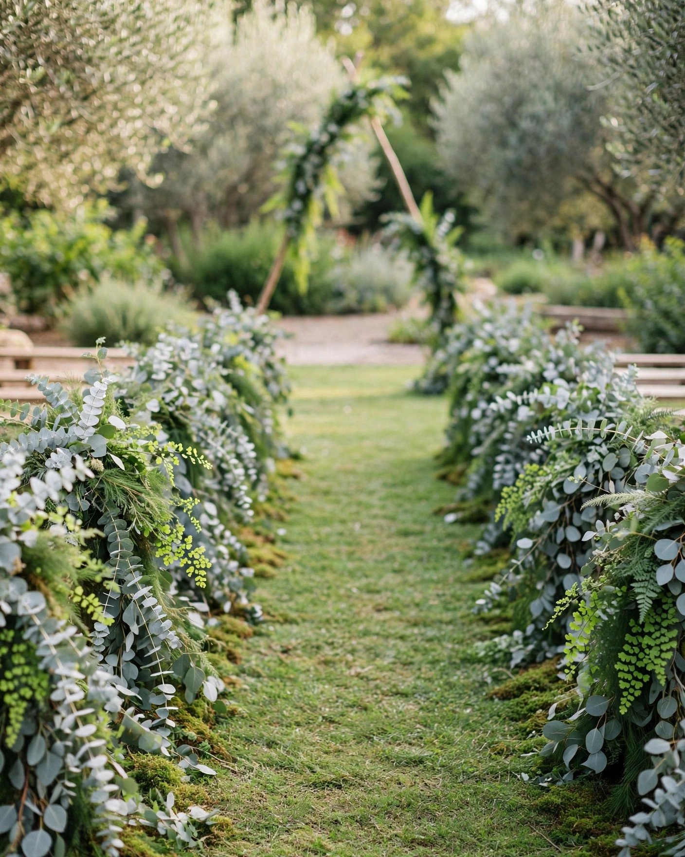 Greenery garland edging a wedding aisle in a garden ceremony