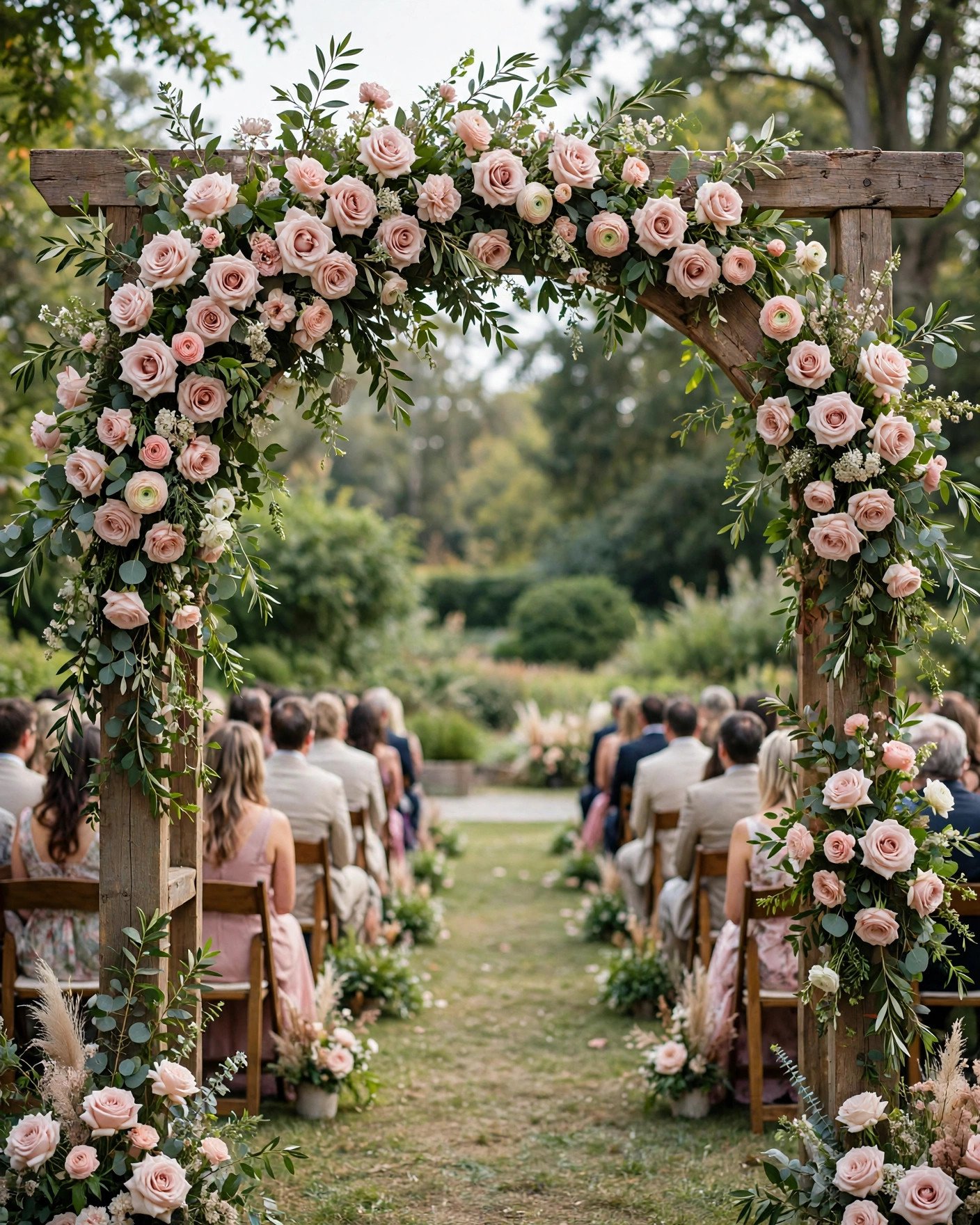 Floral arch entrance at the start of a wedding aisle