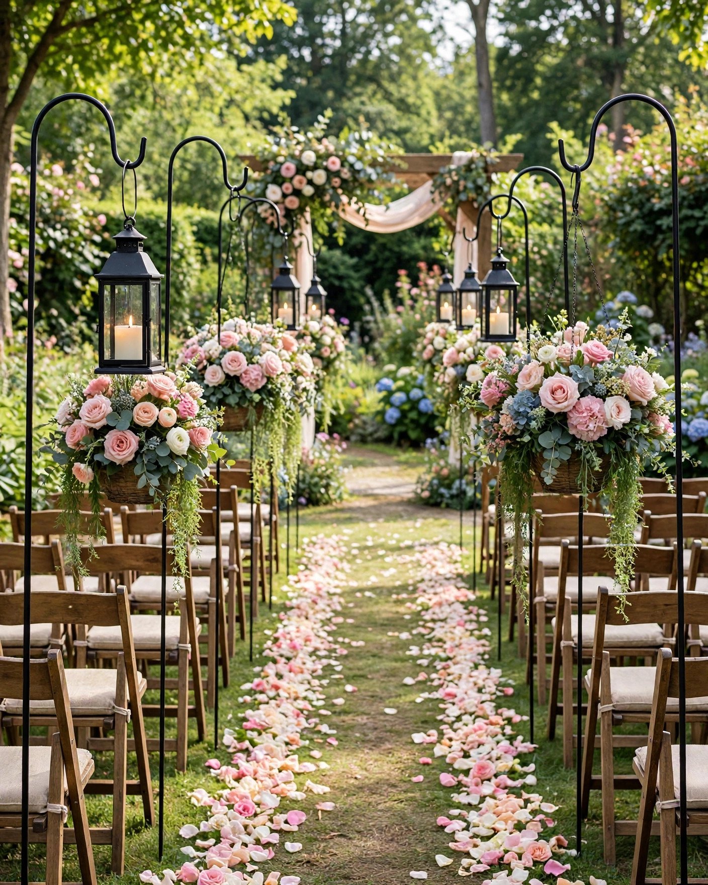 Shepherd's hooks with hanging flowers along an outdoor wedding aisle