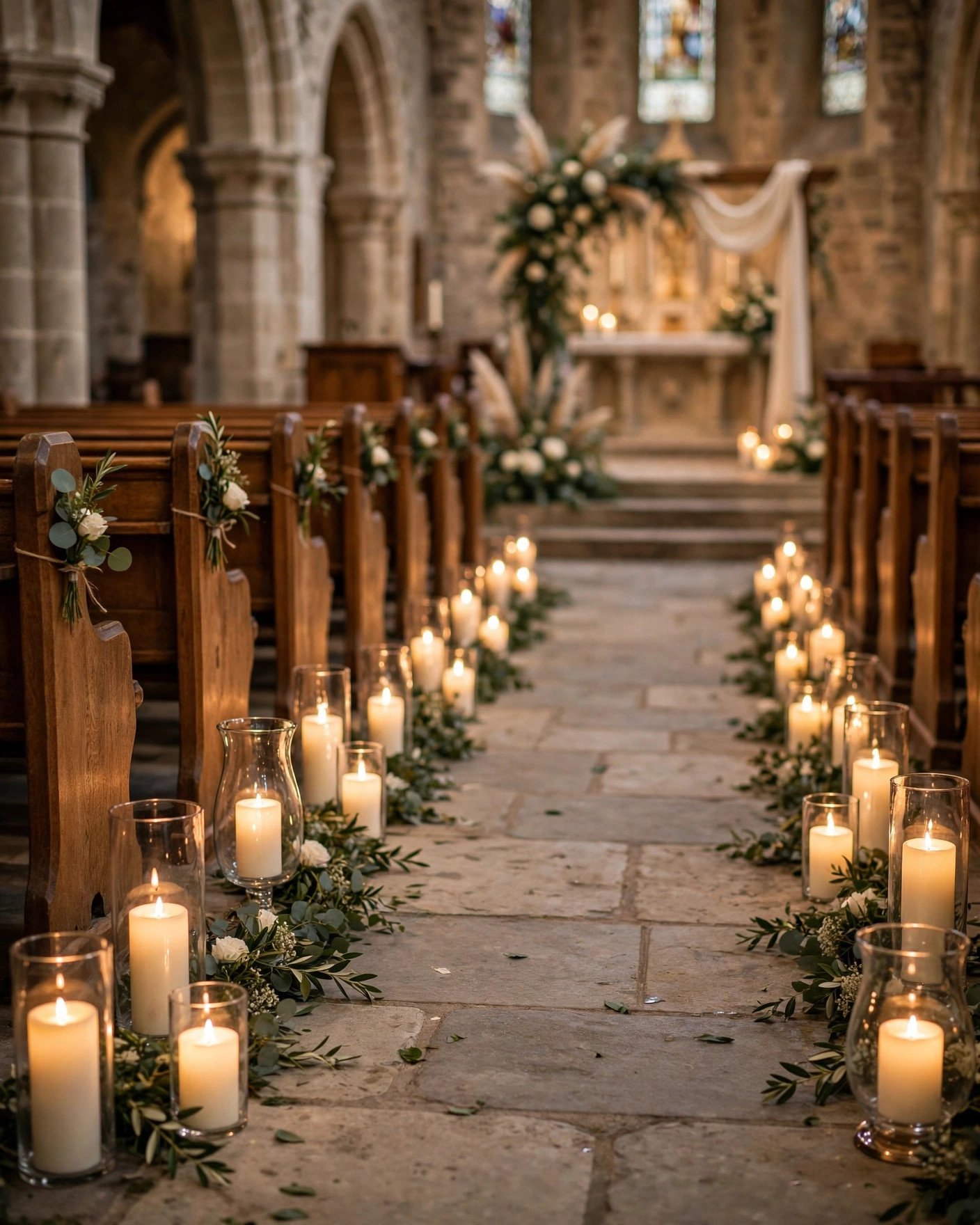Flameless candles in glass holders lining a wedding aisle indoors