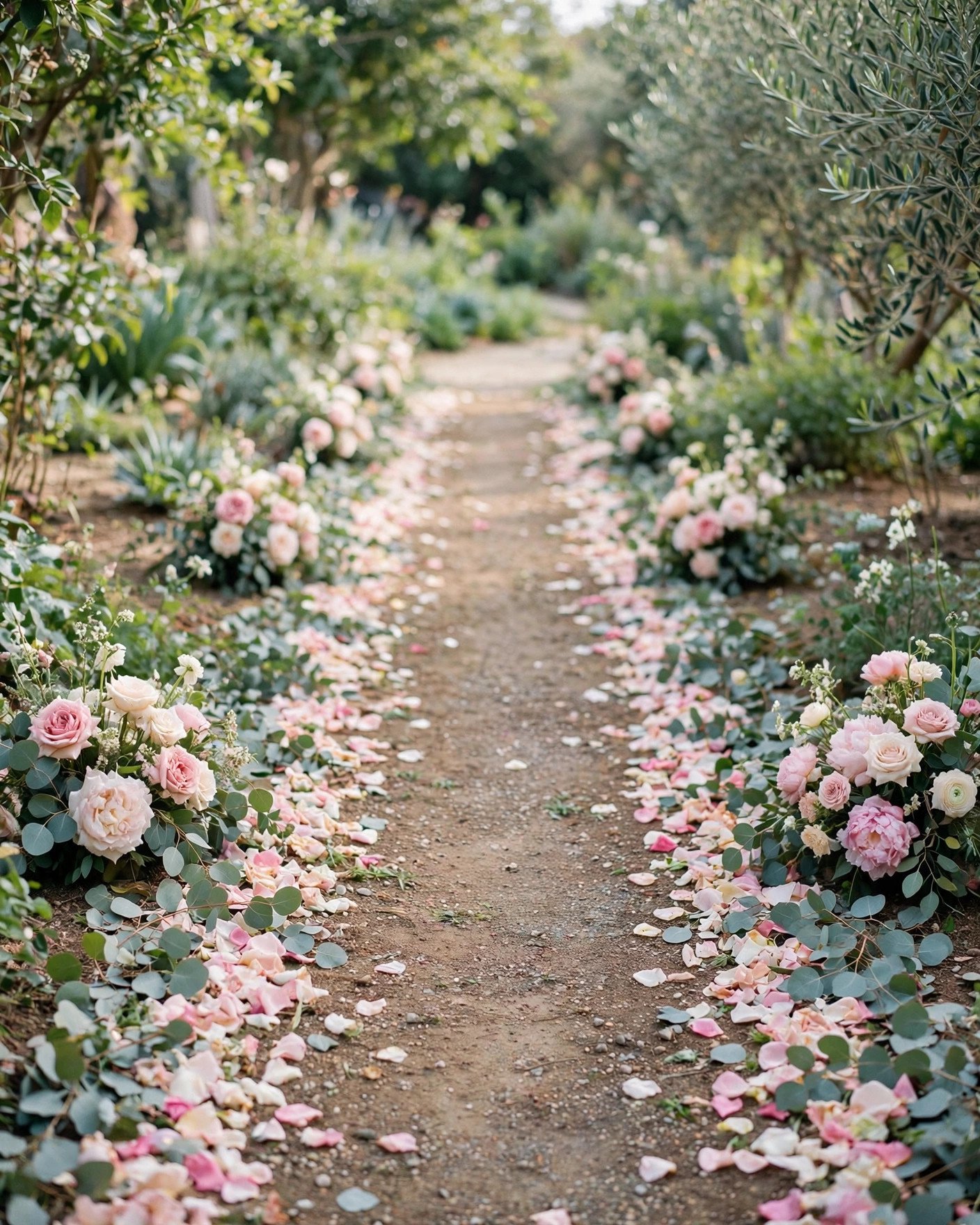 Wedding aisle bordered with rose petals and greenery