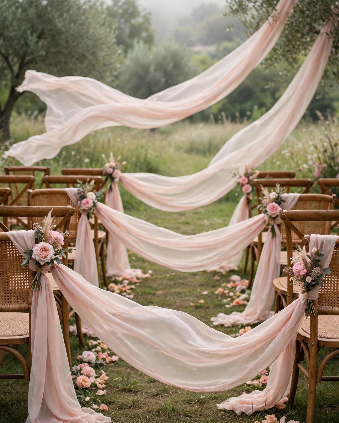 Wedding aisle markers with draped fabric and flowers on chairs