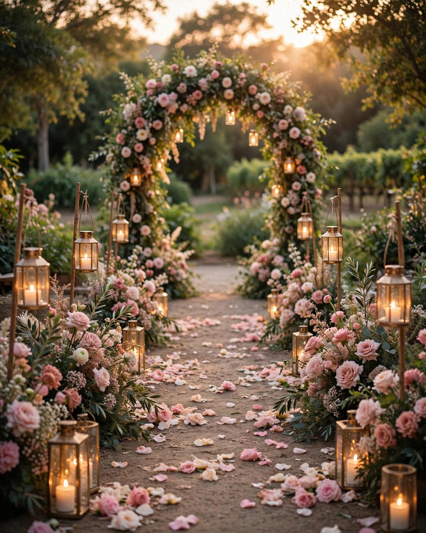 Beautiful wedding aisle decorated with lanterns flowers and petals