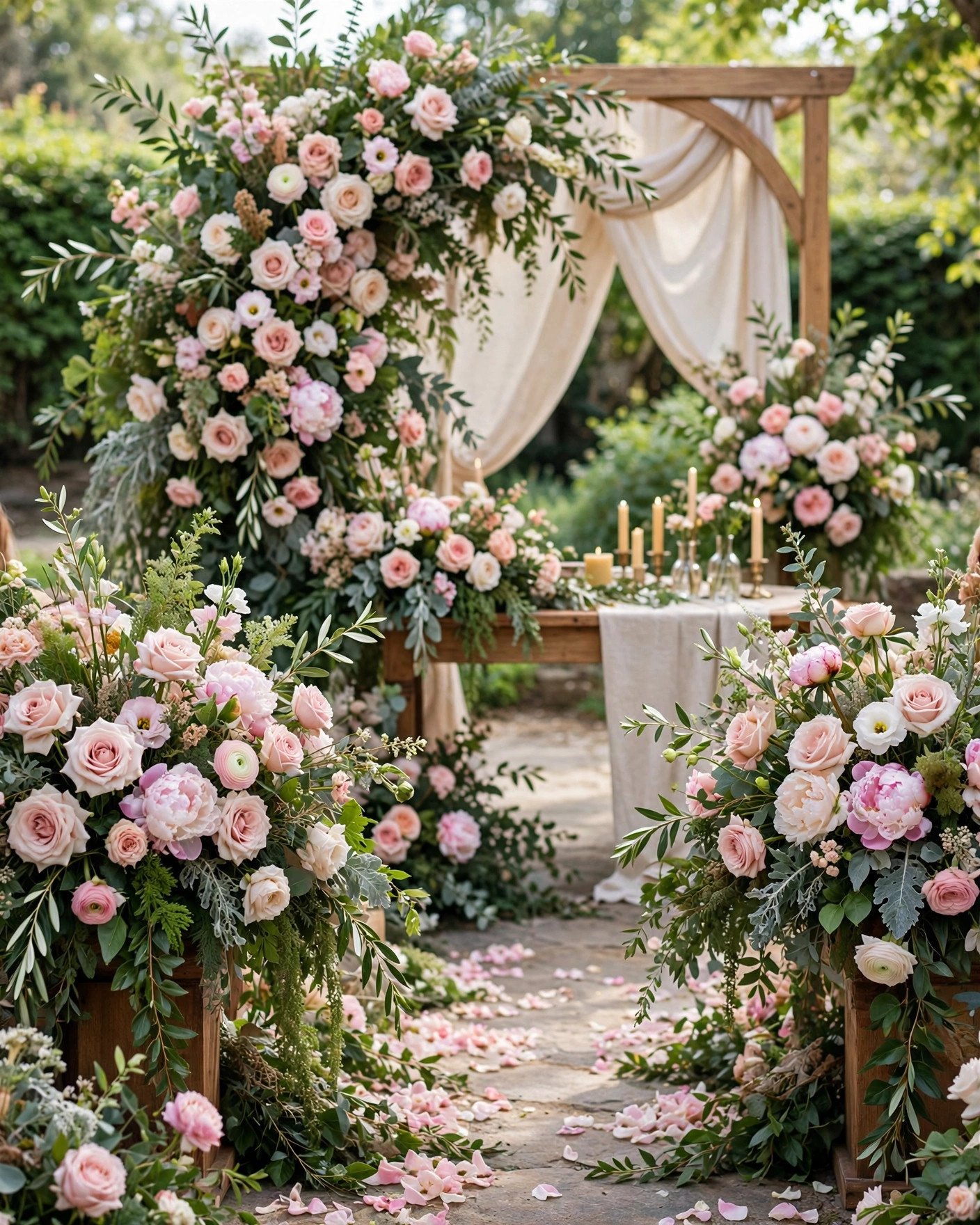Fresh flower arrangements decorating a wedding aisle entrance