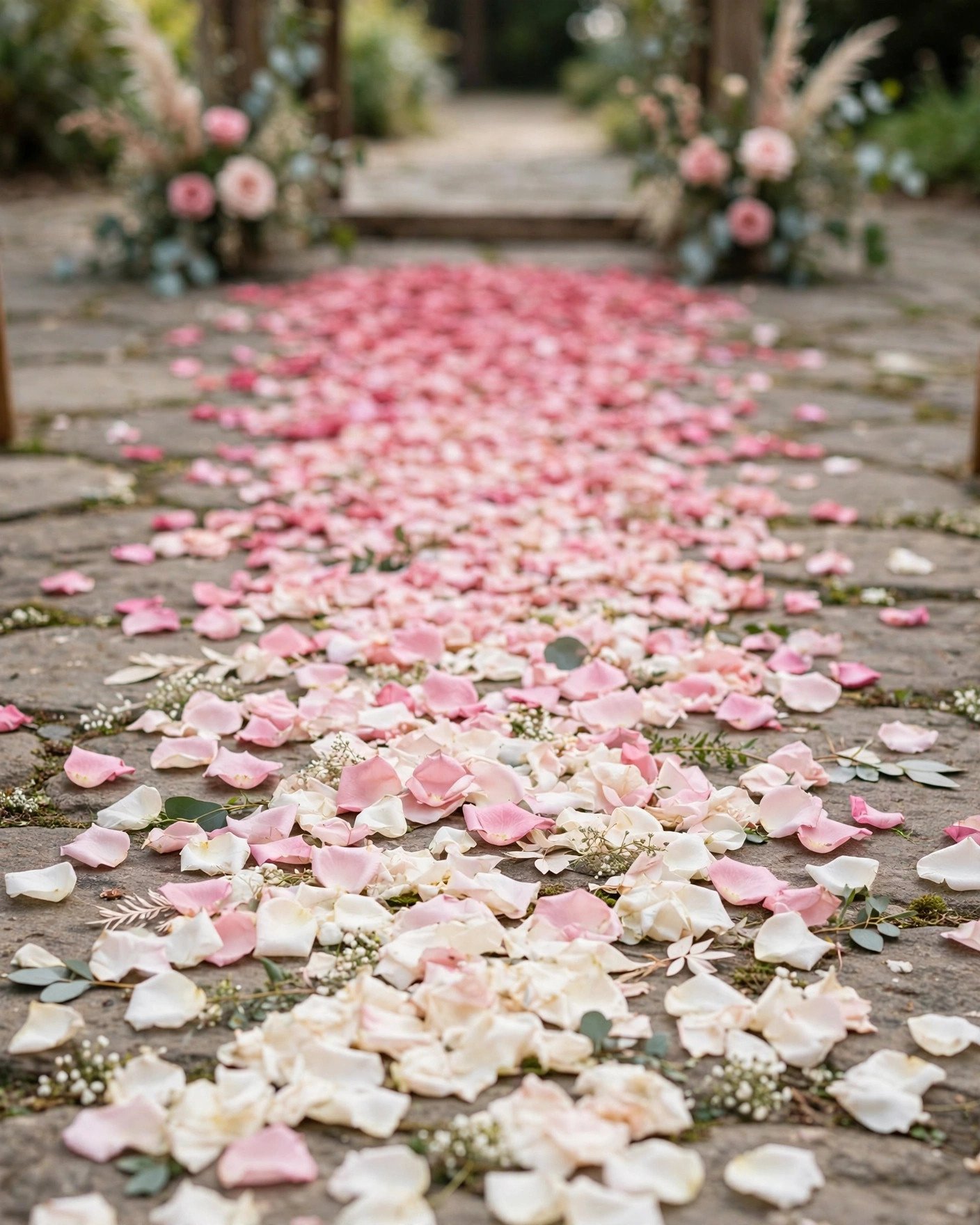 Rose petals scattered along a wedding aisle in soft colors