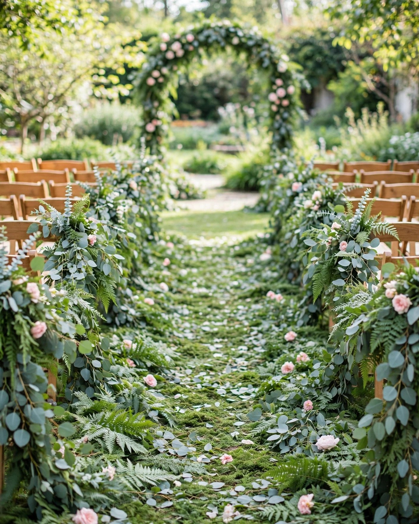 Eucalyptus and greenery garlands decorating a wedding aisle