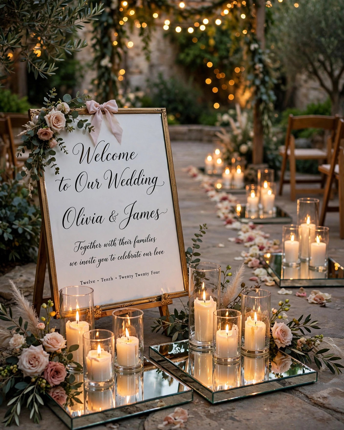 Glass candle holders and mirrored trays decorating a wedding aisle
