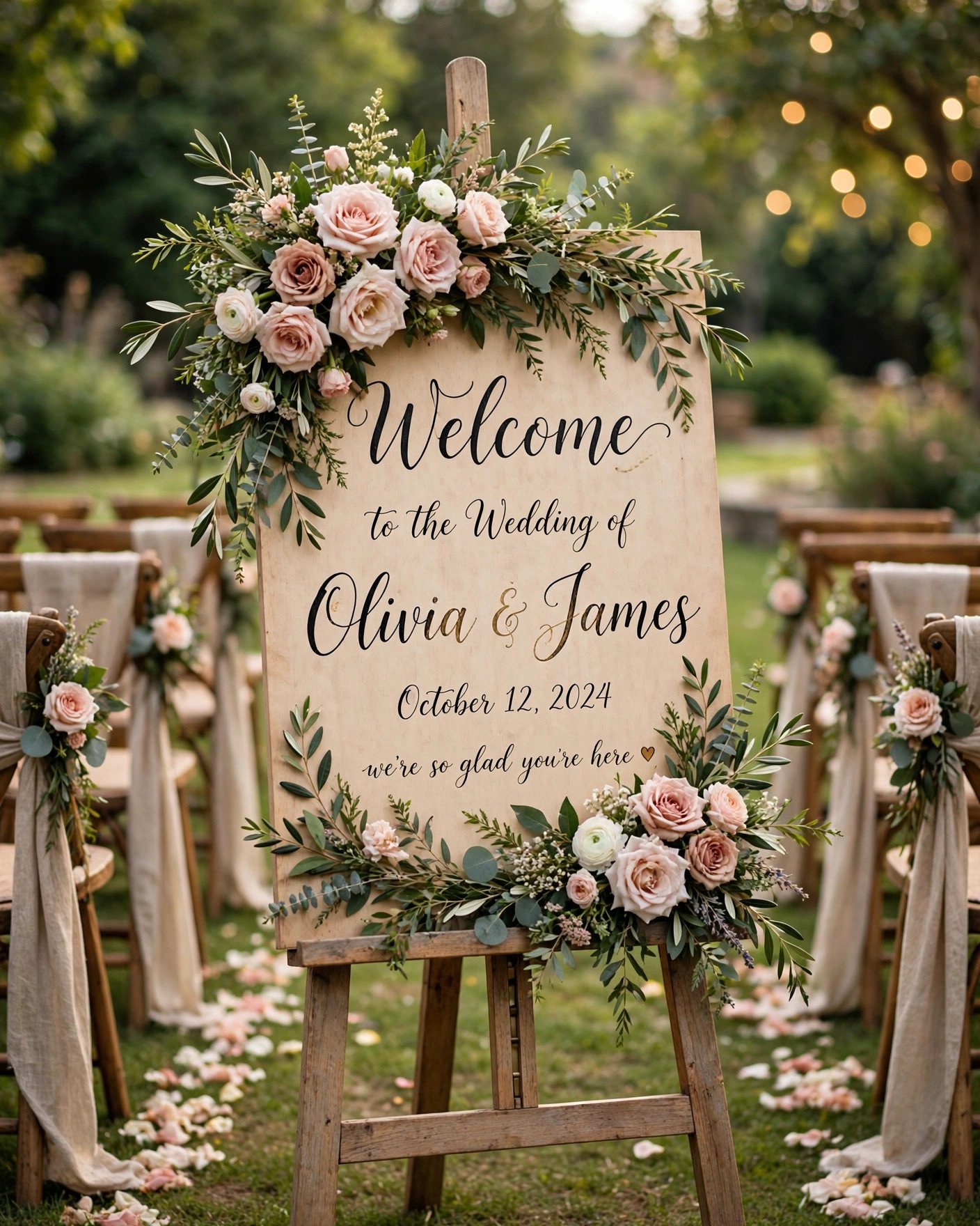 Hand-lettered wedding signs decorating the ceremony aisle entrance
