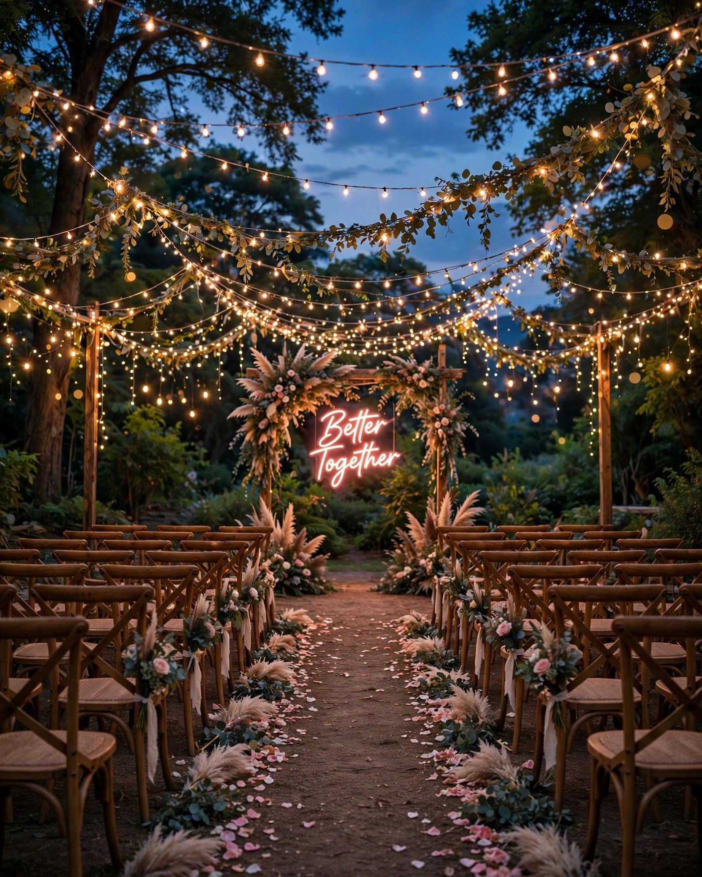 Fairy lights and string lights illuminating a wedding aisle at dusk