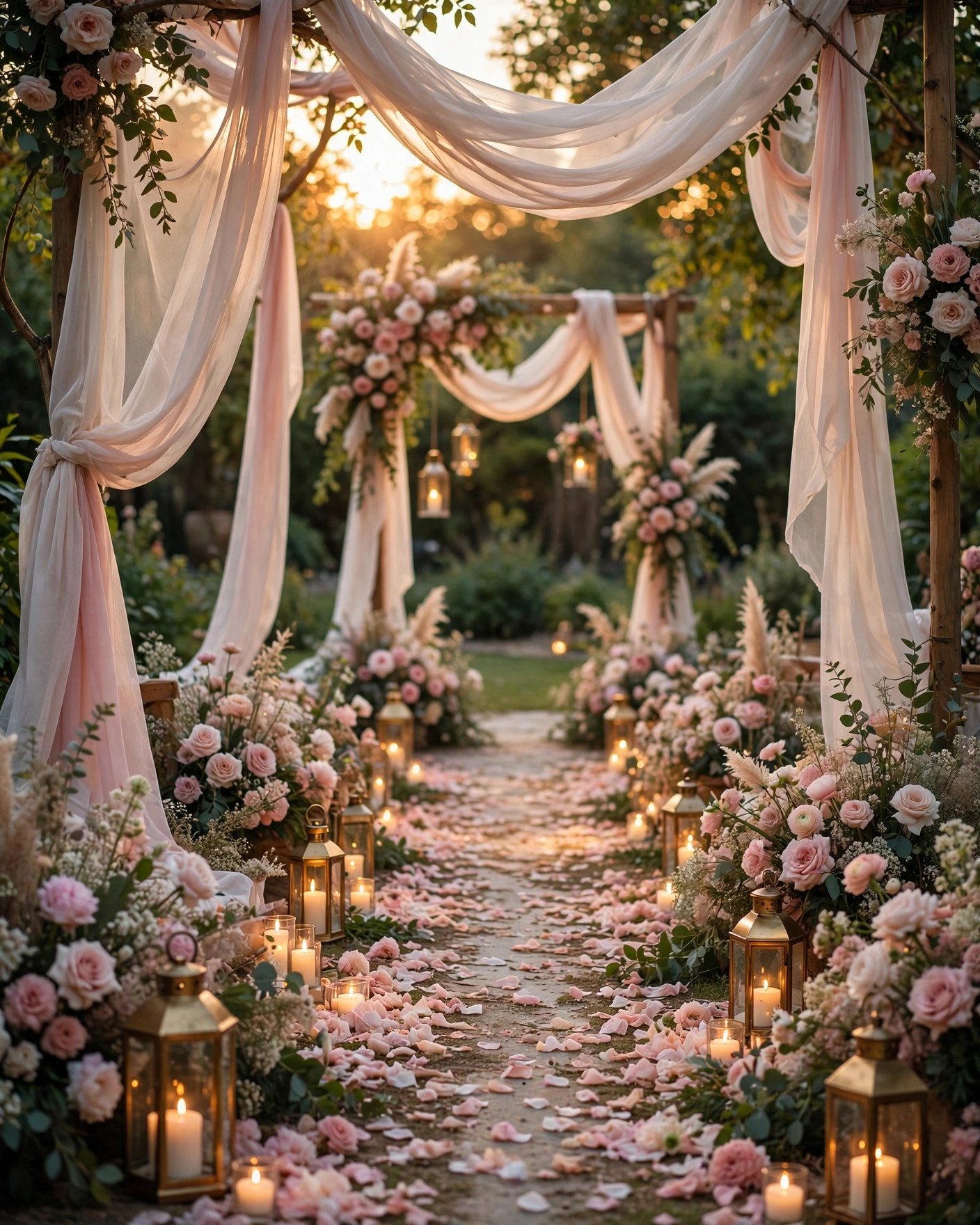 Gorgeous wedding aisle decorated with flowers fabric and candlelight
