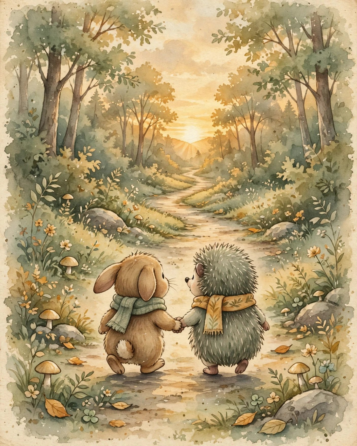 Vintage storybook illustration style scene of two friends holding hands