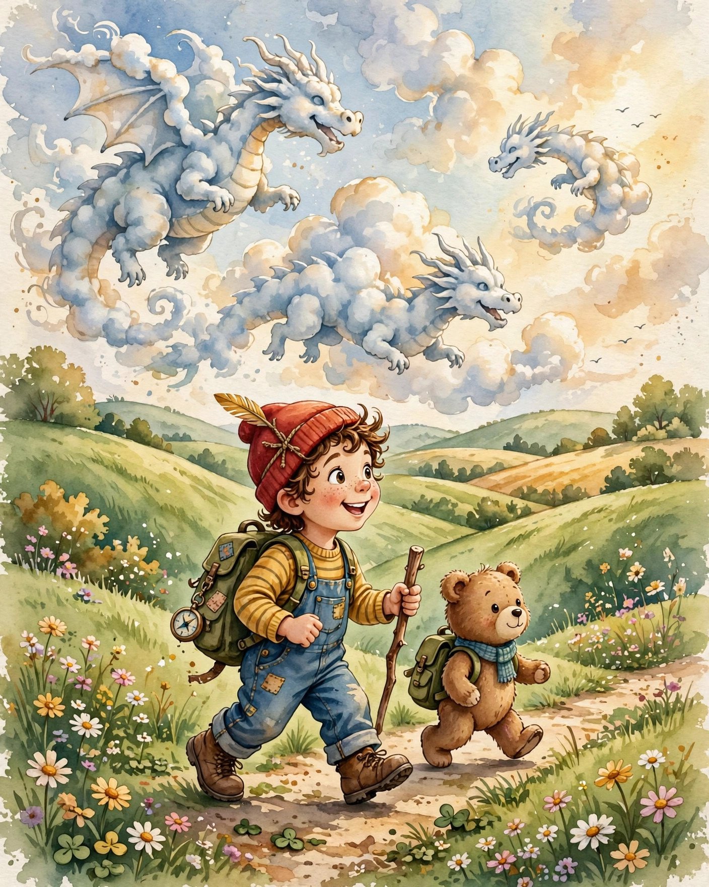 Playful vintage storybook scene of friends on an adventure together