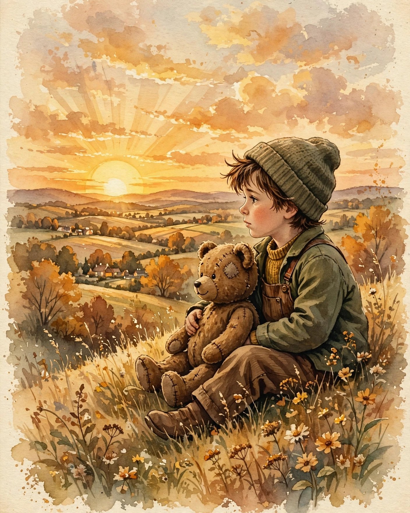 Emotional vintage storybook farewell scene at sunset