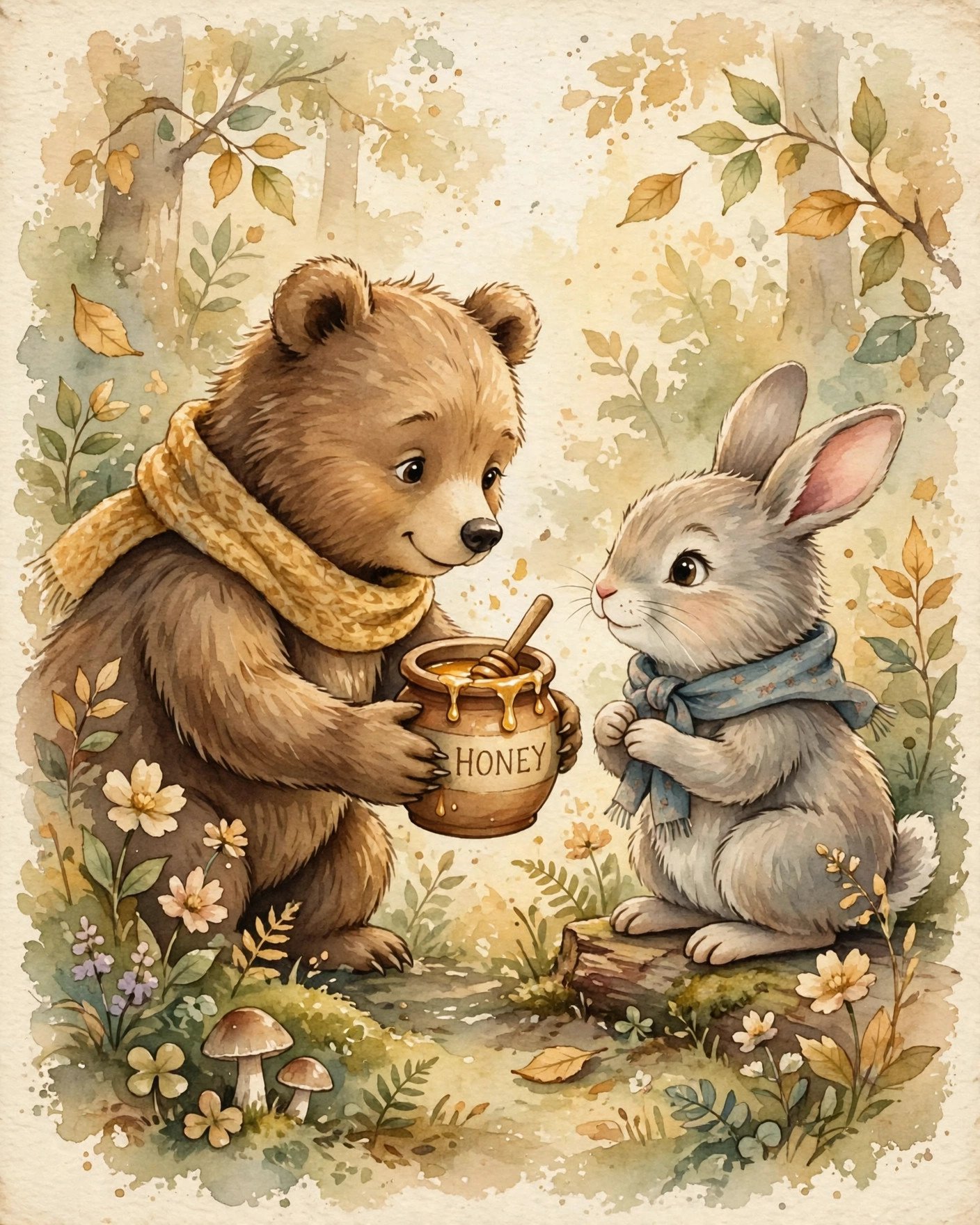 Soft watercolor style illustration of caring gesture between friends