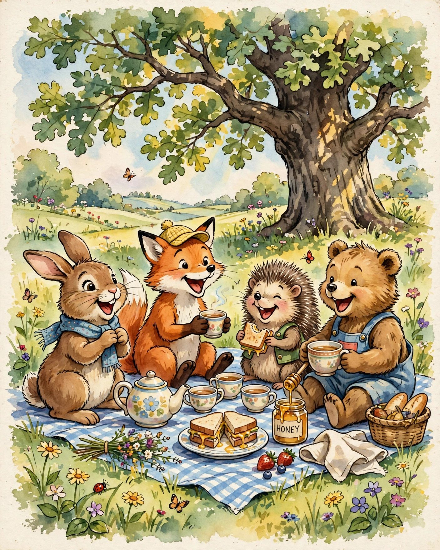 Joyful watercolor style illustration of friends sharing a picnic