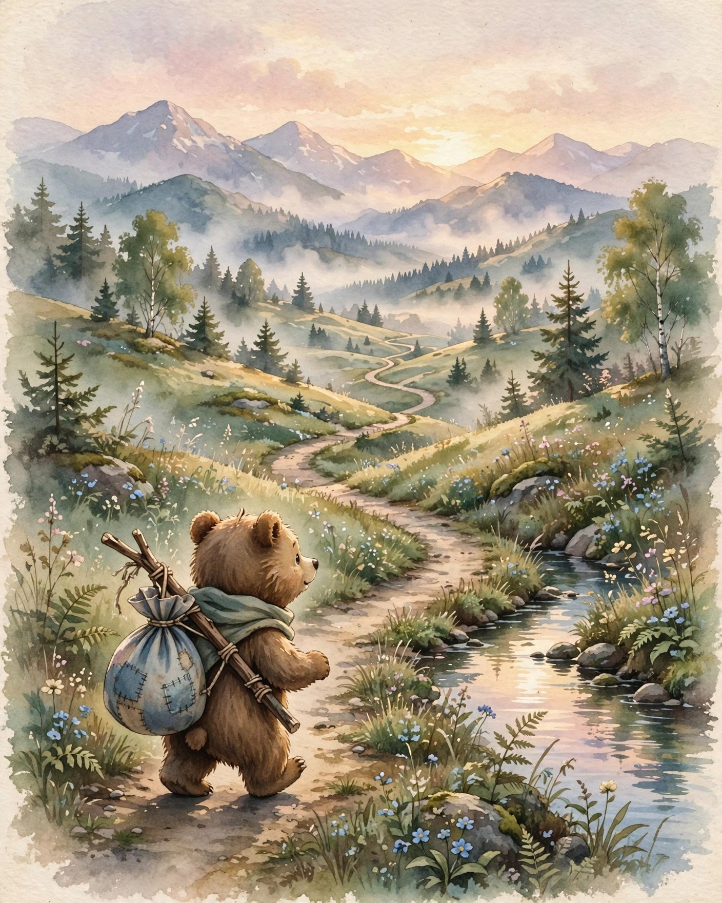 Reflective watercolor style illustration of a journey beginning