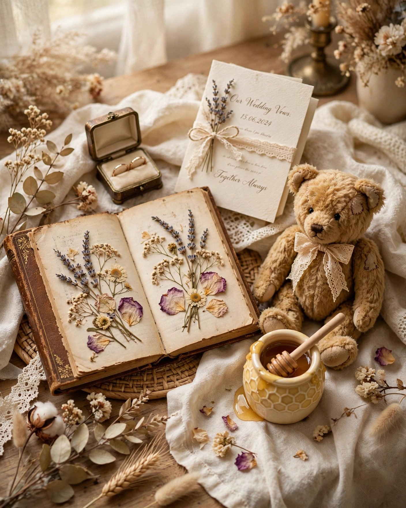 Vintage storybook style wedding reading setup with teddy bear and honey pot