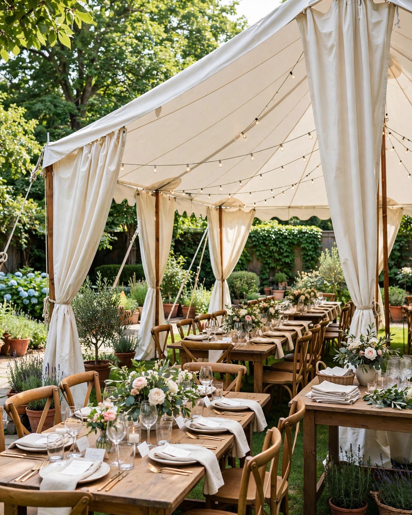 Elegant sailcloth tent for a backyard wedding reception