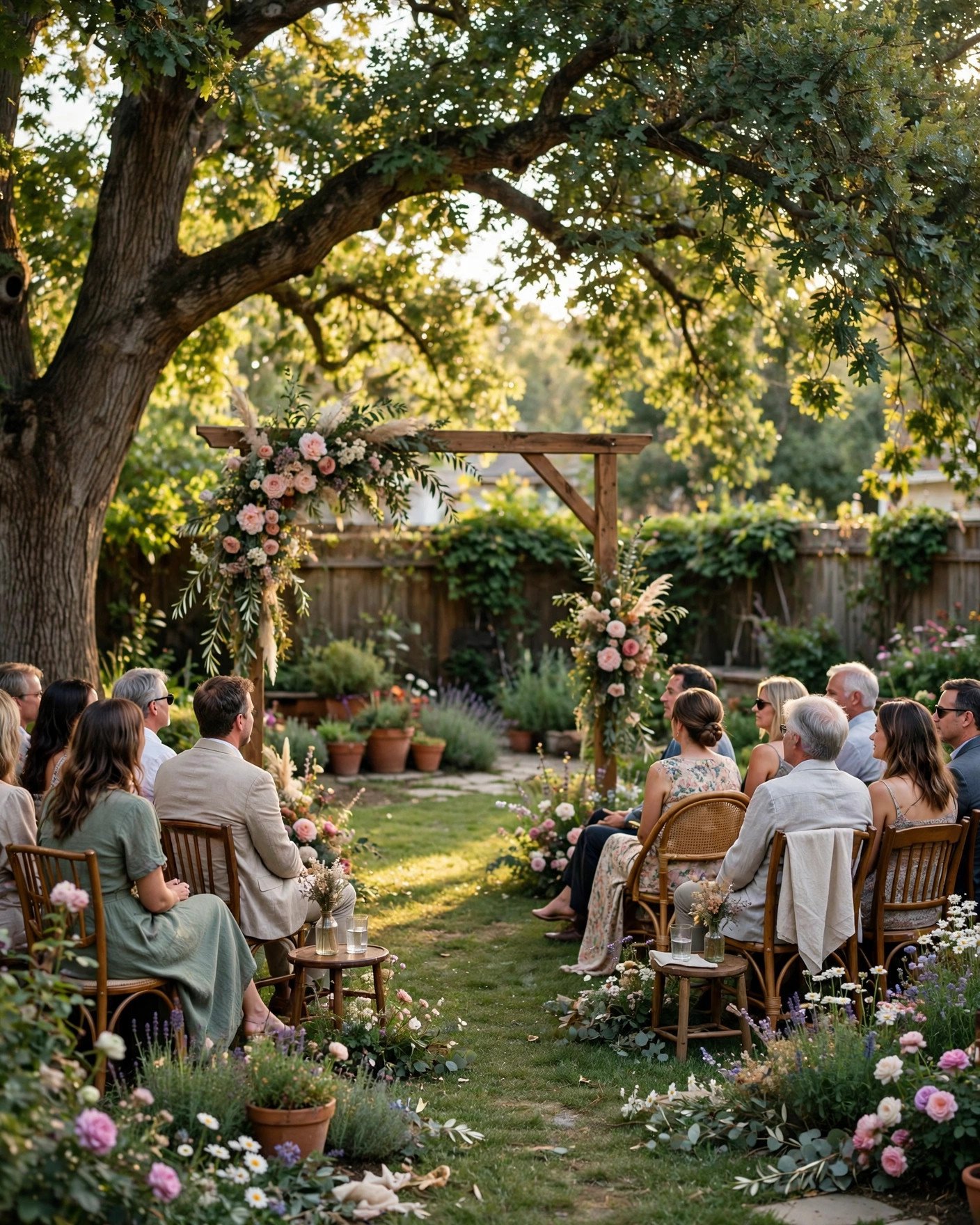 Intimate backyard wedding ceremony setup with floral arch
