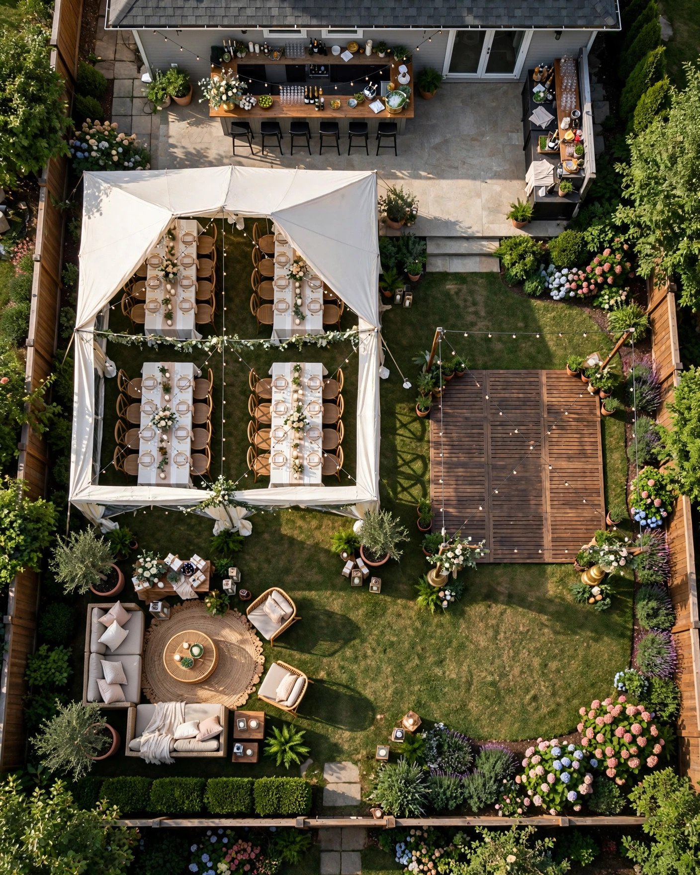 Backyard wedding reception layout with dining dancing and lounge zones