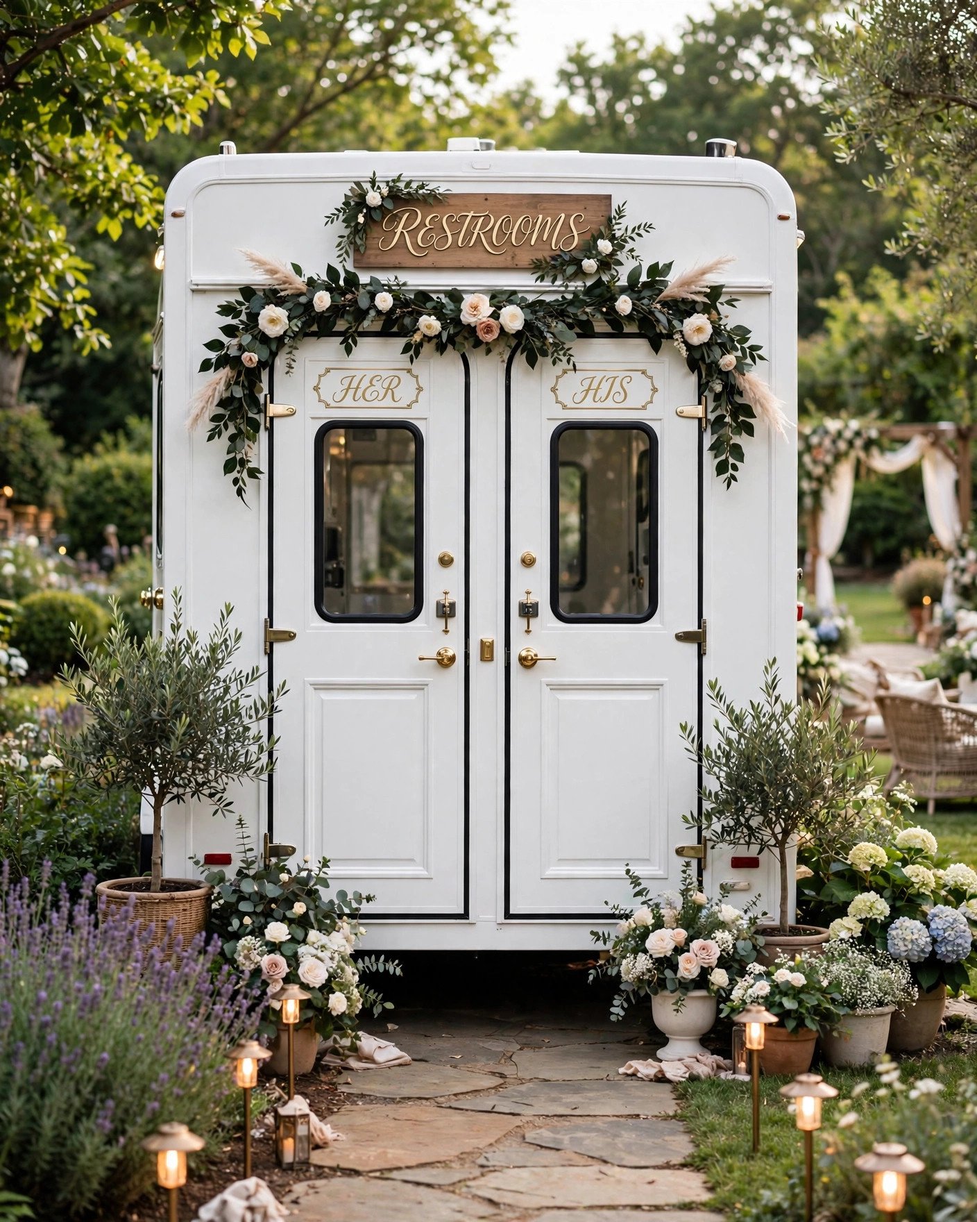 Luxury restroom trailer at an outdoor backyard wedding