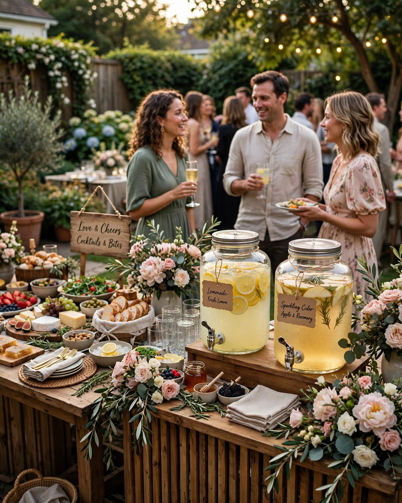 Outdoor backyard wedding catering setup with food stations