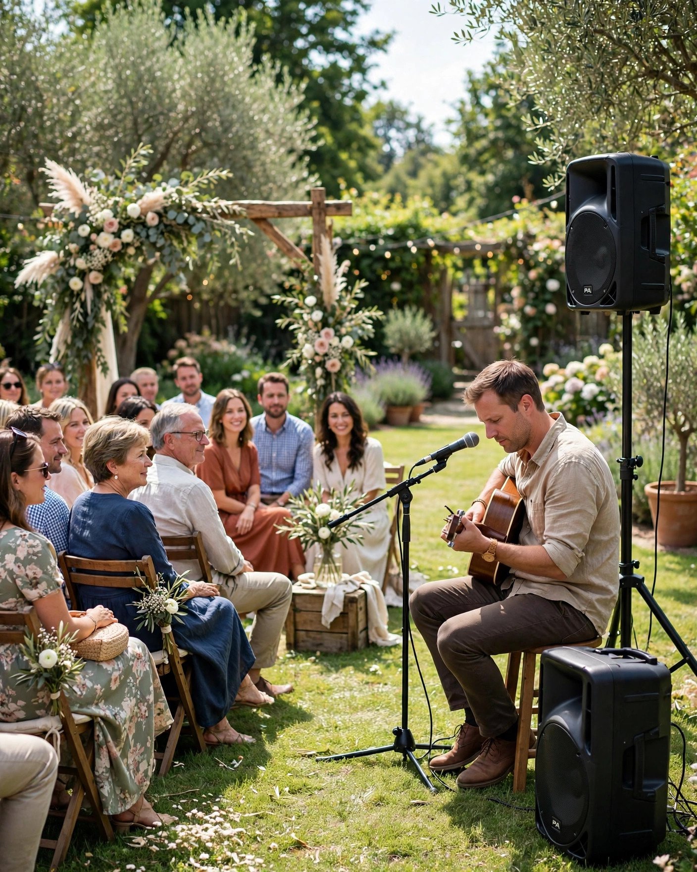 Outdoor wedding ceremony with speaker system and musician