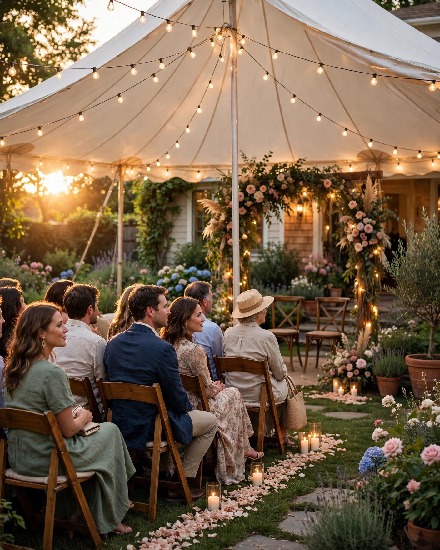 Beautiful backyard wedding ceremony with tent fairy lights and garden flowers