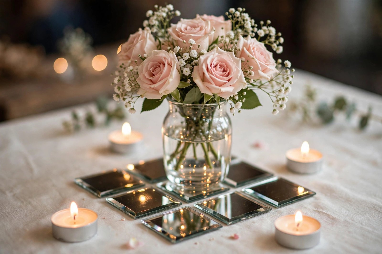 Mirrored flower arrangement centerpiece with blush roses reflecting candlelight