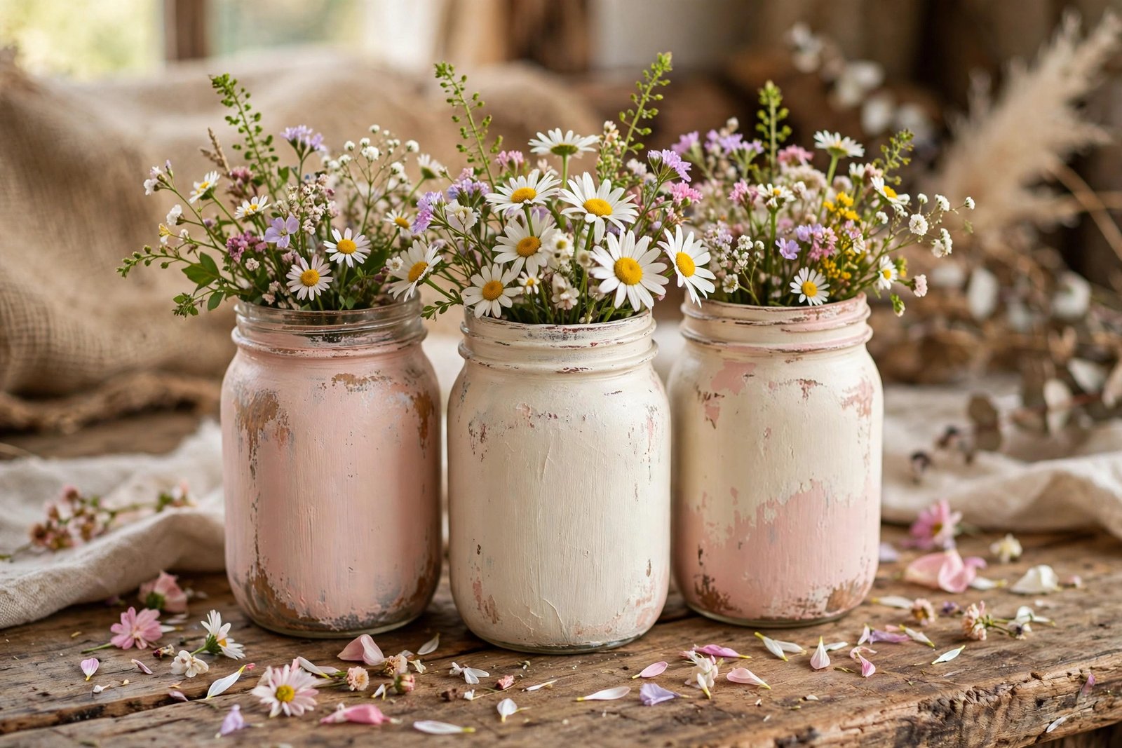 Hand-painted blush pink mason jars with wildflowers as wedding vases