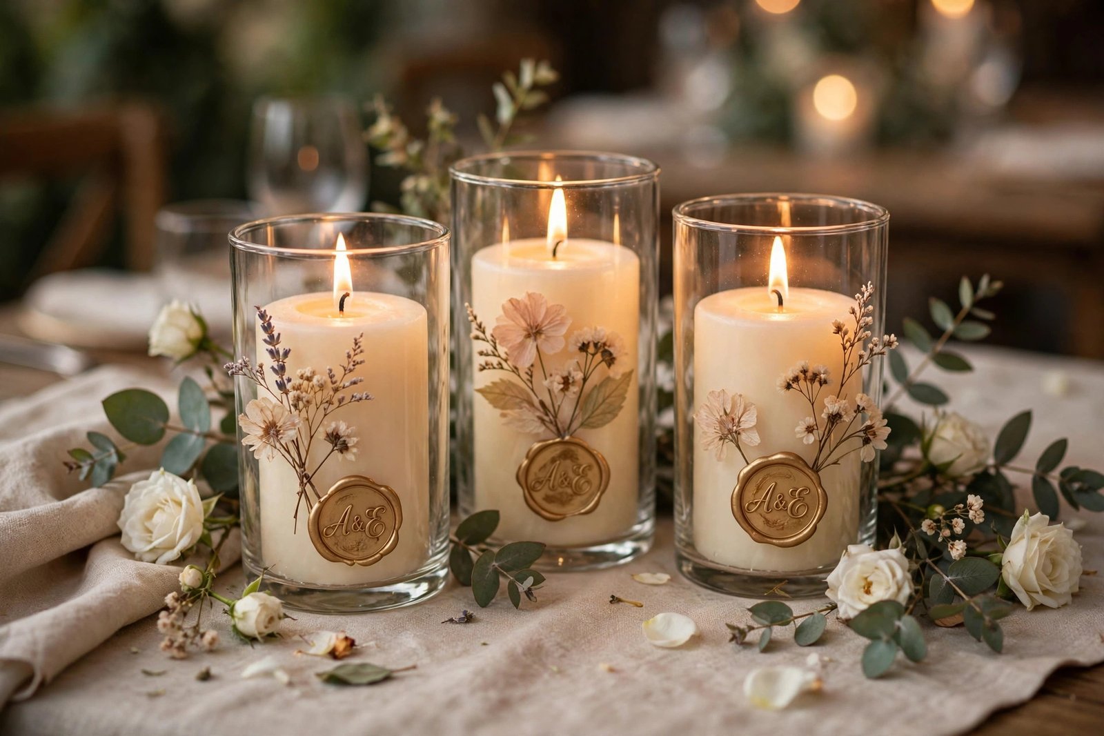 Personalized DIY wedding candle holders with monogram and dried flowers
