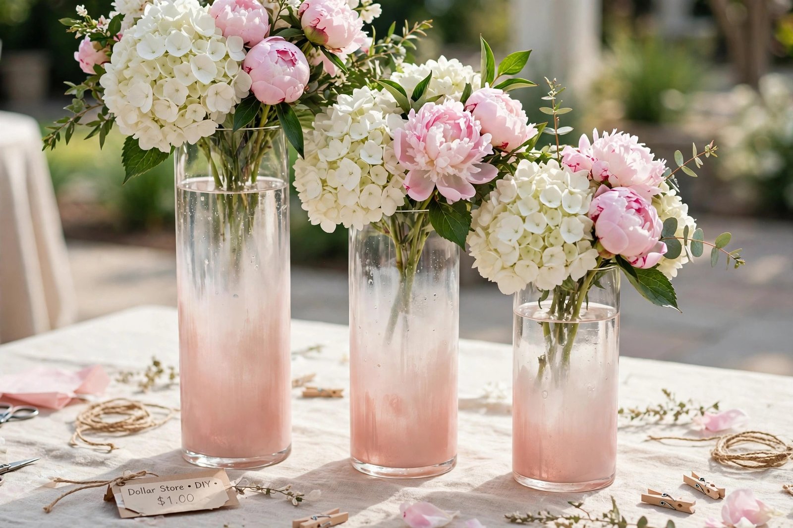 Dip-dye blush pink glass vases with hydrangeas and peonies