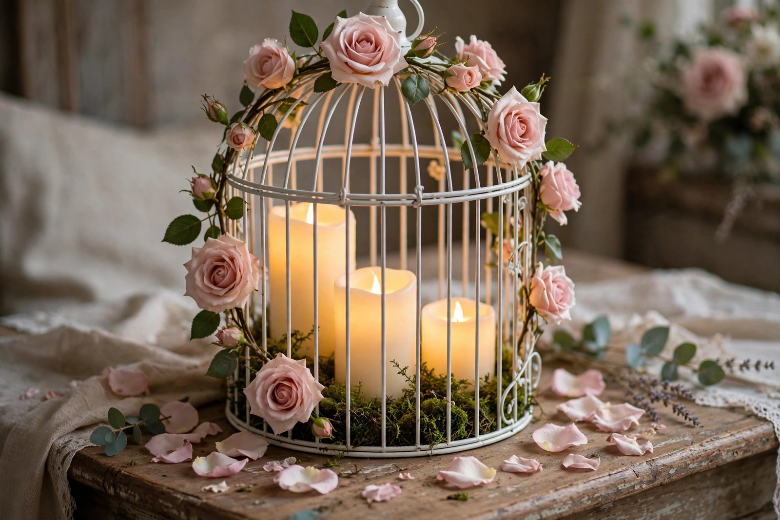 DIY birdcage lantern wedding centerpiece with roses and glowing candles