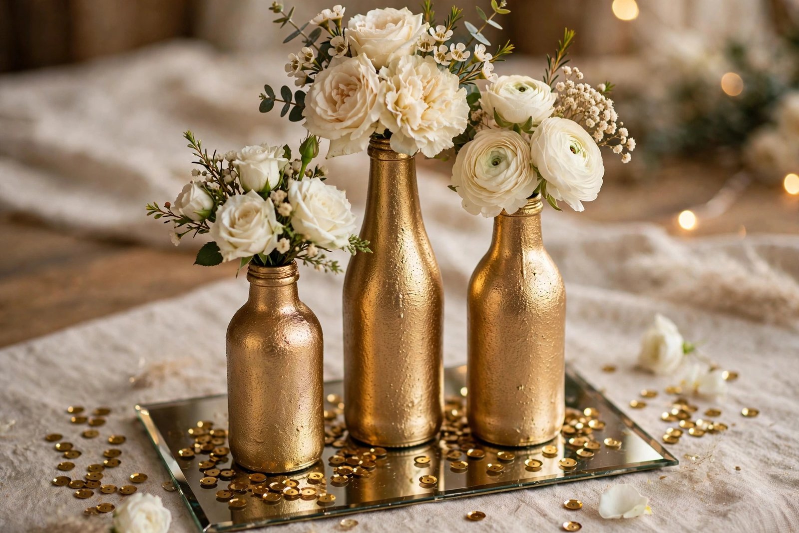 Gold spray-painted vases with white roses on a mirrored wedding tray
