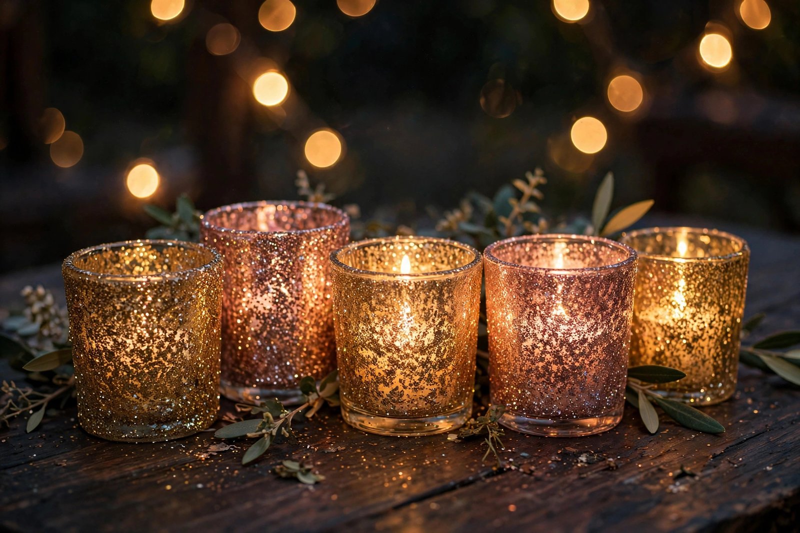 Glittered gold tealight holders glowing on a wedding table at night
