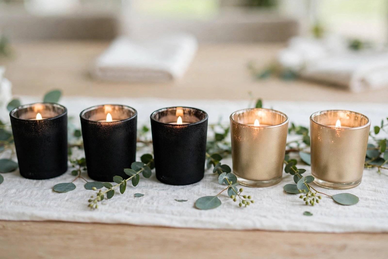 Matte black and champagne gold spray-painted votive candle holders