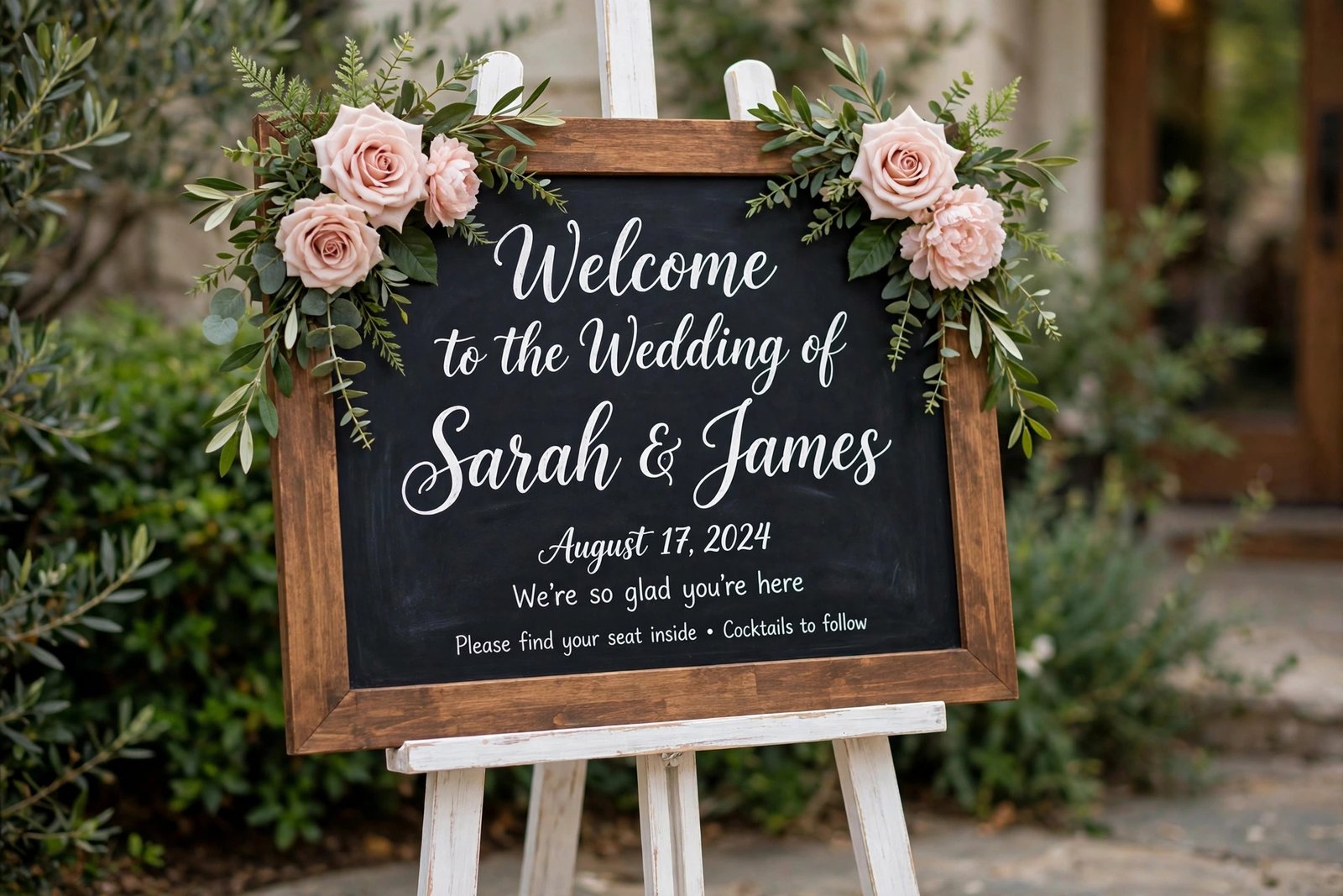 DIY chalkboard wedding welcome sign on easel decorated with roses