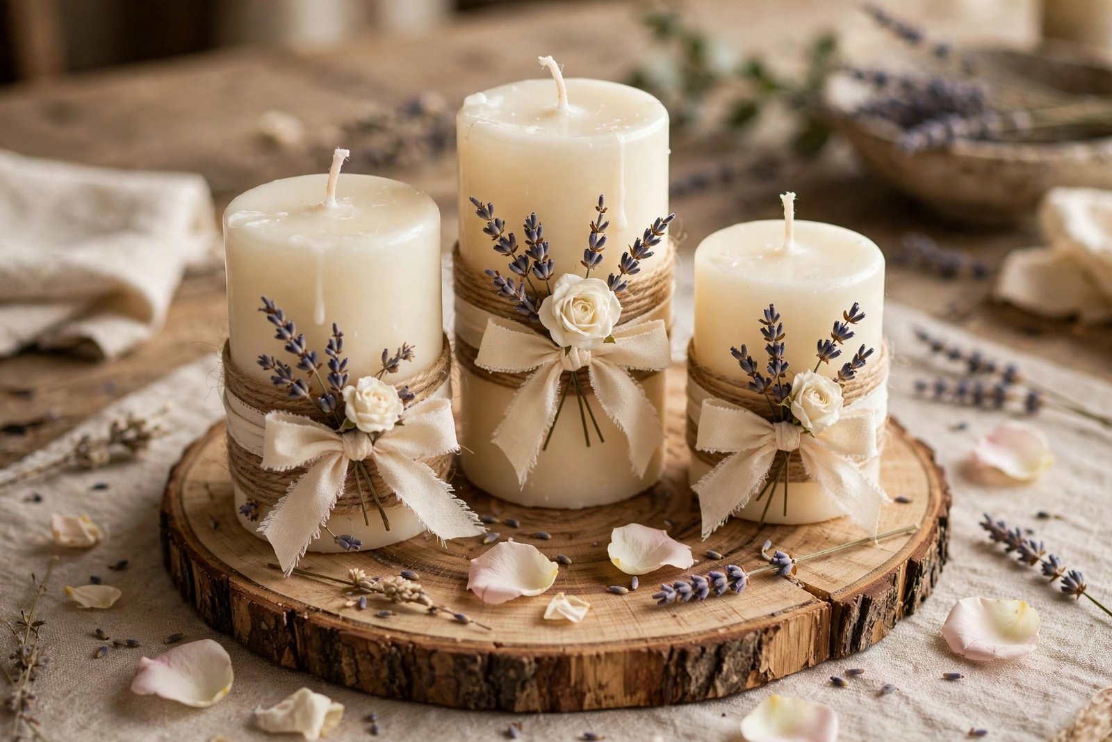 Rustic wedding candles wrapped in twine and ribbon with lavender