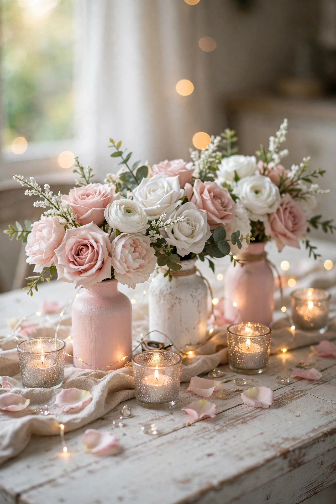 Dollar store wedding DIY table with painted vases, candles and fairy lights