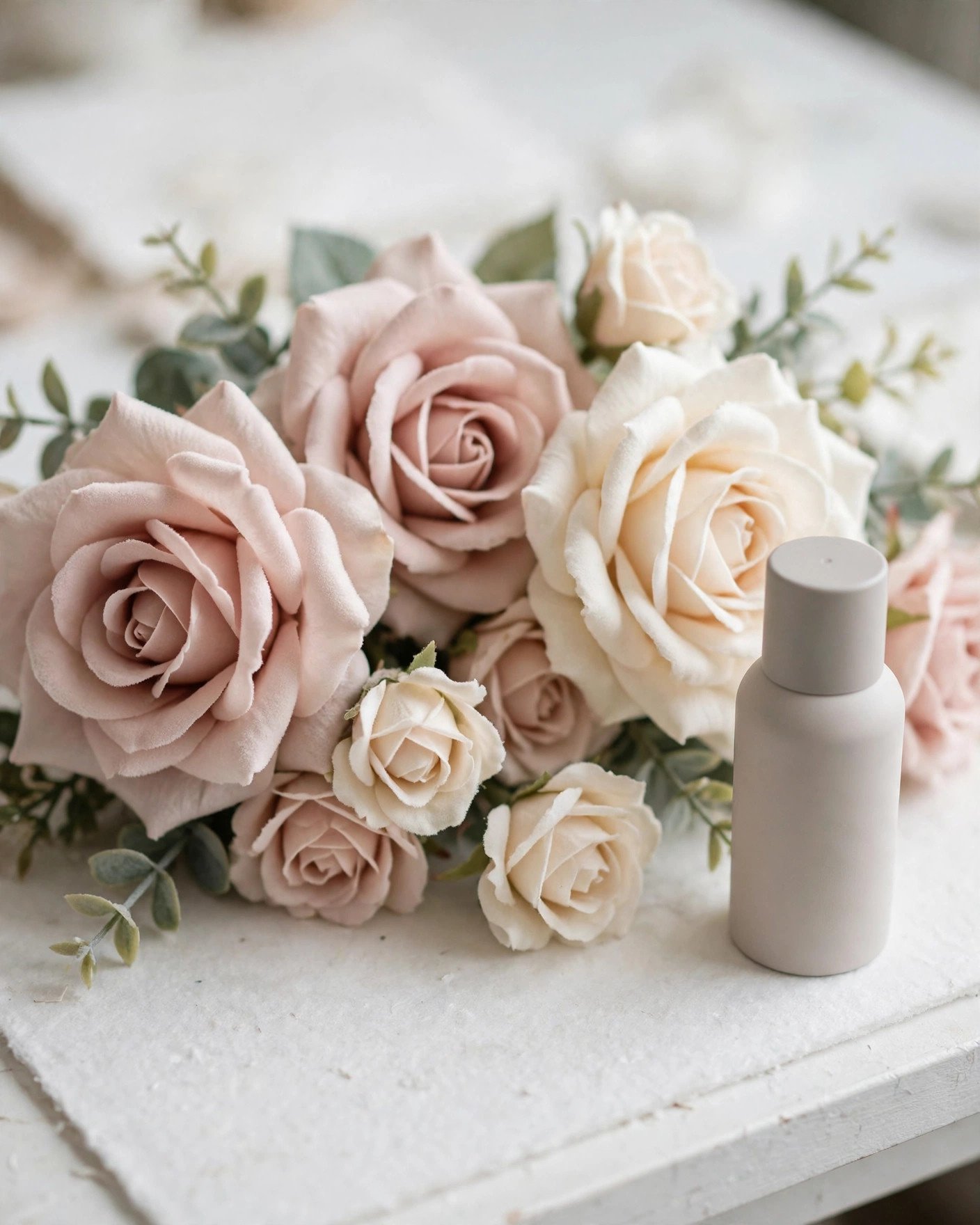 Matte-finish artificial wedding flowers after a light de-shining spray