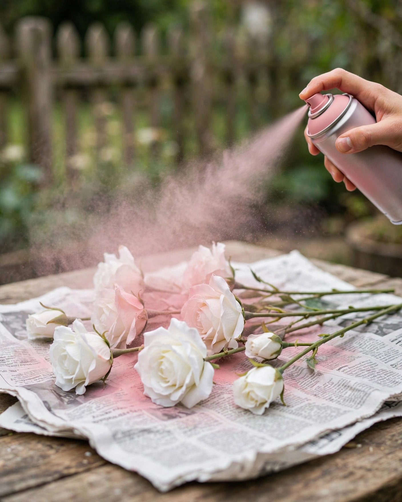White artificial roses being dyed blush pink with floral spray paint