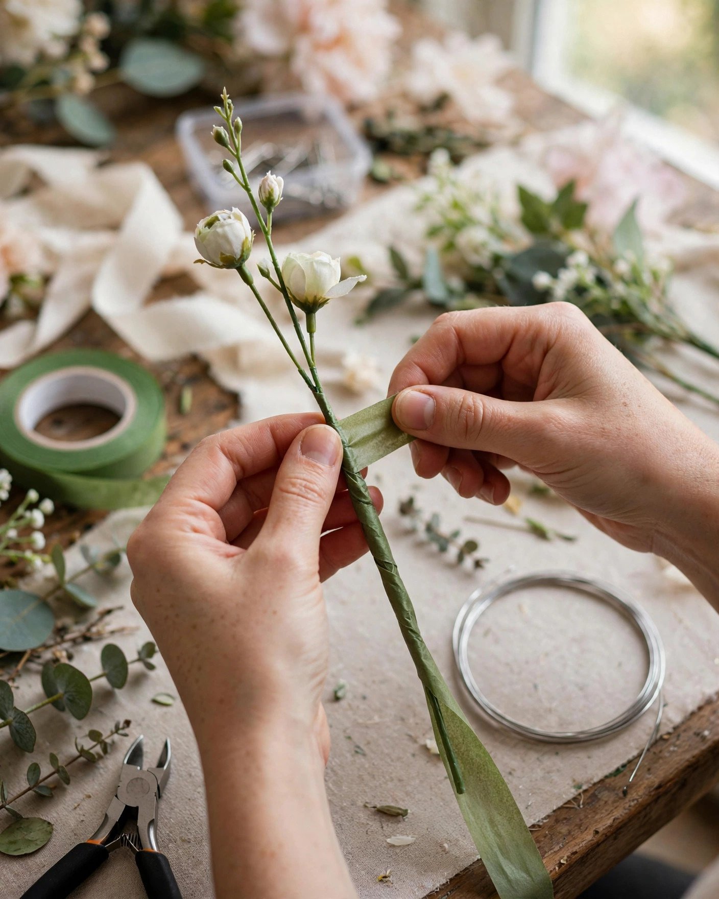 Floral wire being wrapped around an artificial flower stem for support