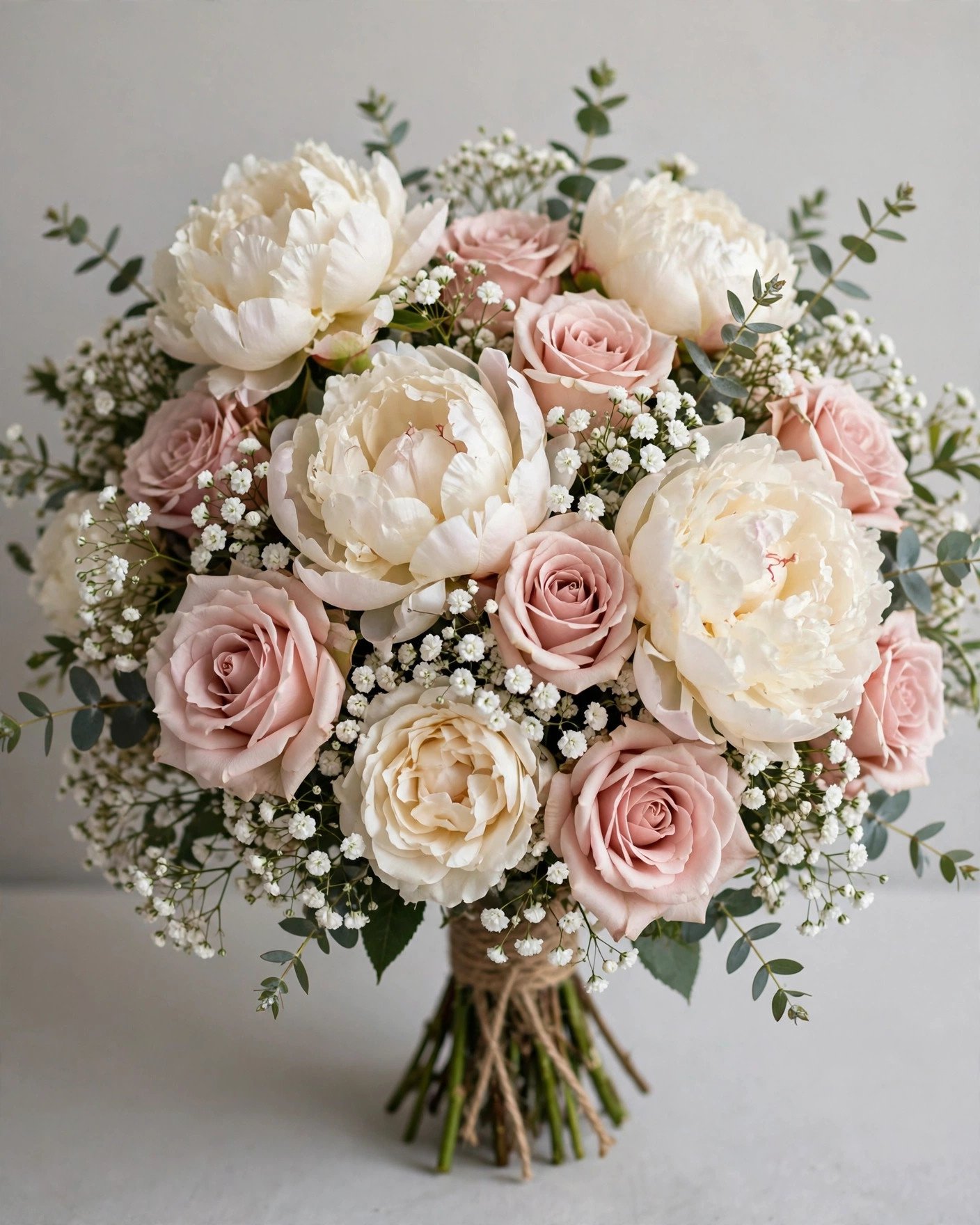 Wedding bouquet layering large peonies, medium roses and small filler blooms