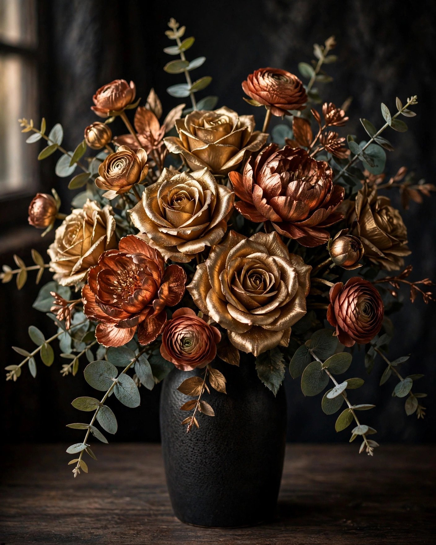 Artificial wedding flowers spray-painted gold for glamorous metallic accents