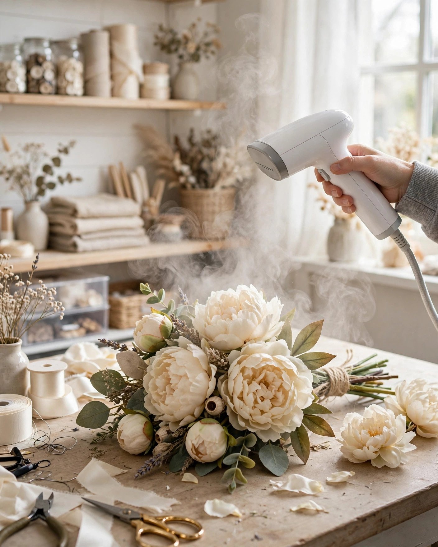 Steaming silk wedding flowers to remove creases and restore fullness