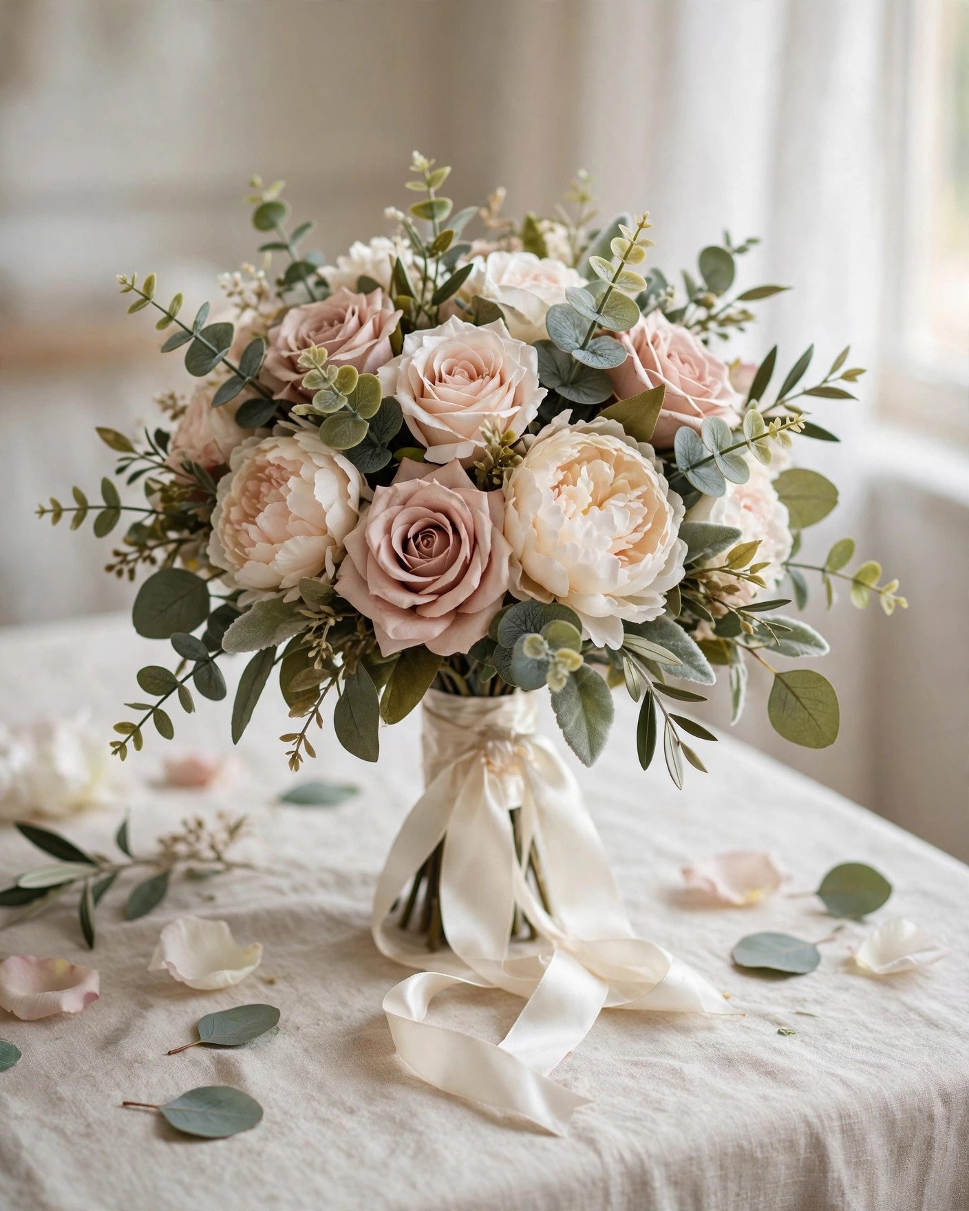 Lush wedding bouquet made with Dollar Tree artificial roses, peonies and eucalyptus