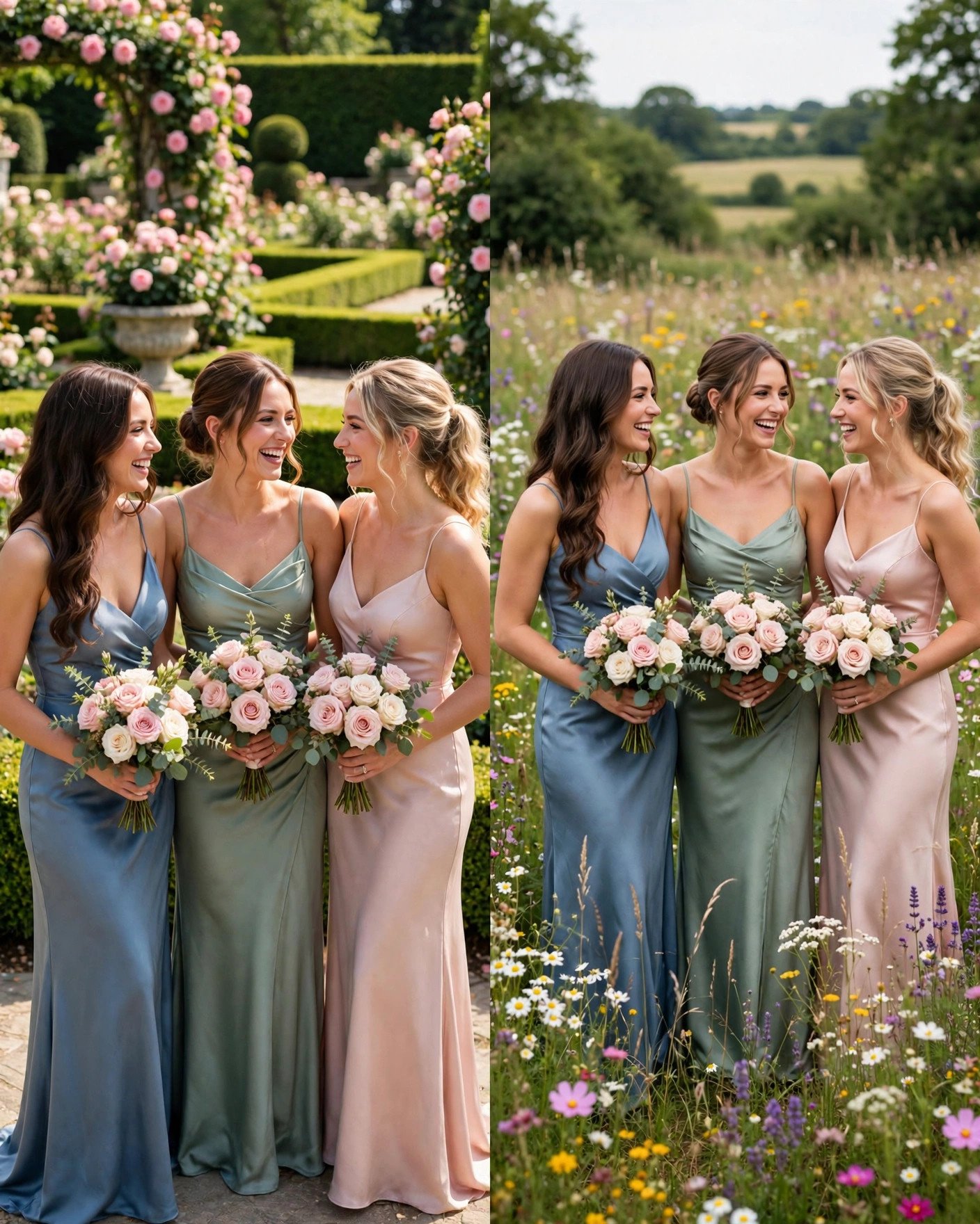 Bridesmaids in garden wedding dresses photographed against different garden backdrops
