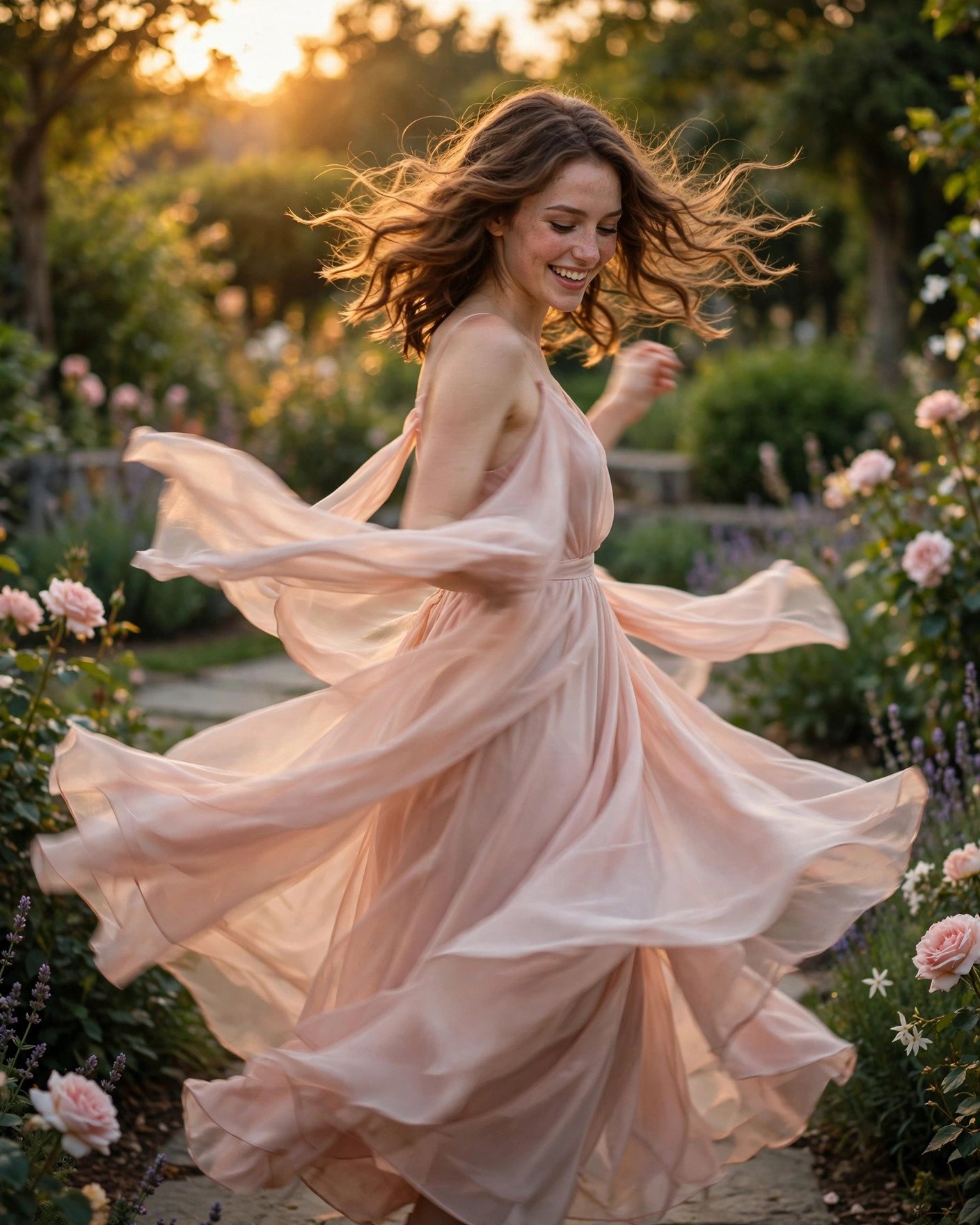 Bridesmaids in flowing chiffon garden wedding dresses moving in a light breeze