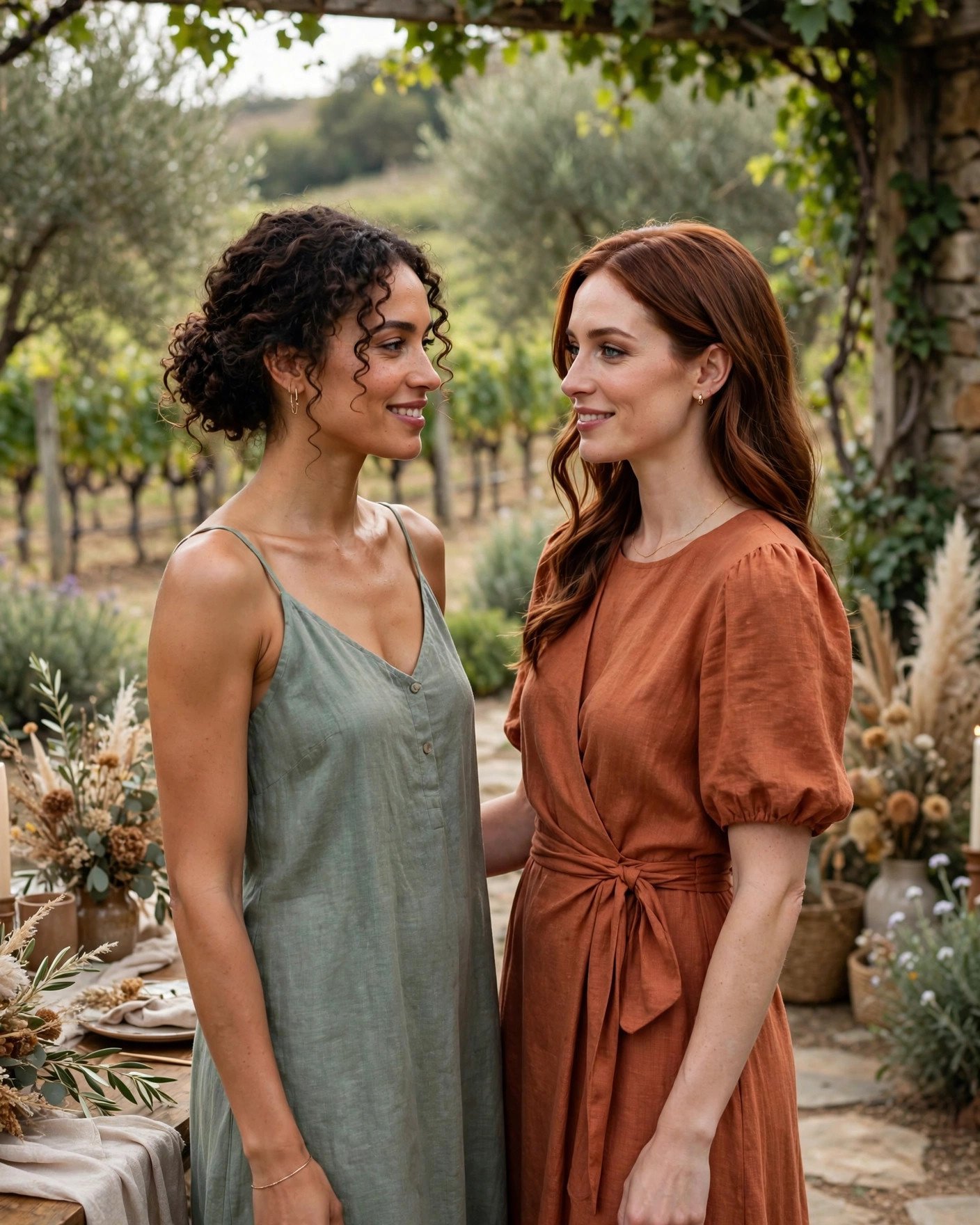 Elegant bridesmaids in linen and silk garden wedding dresses in earthy tones